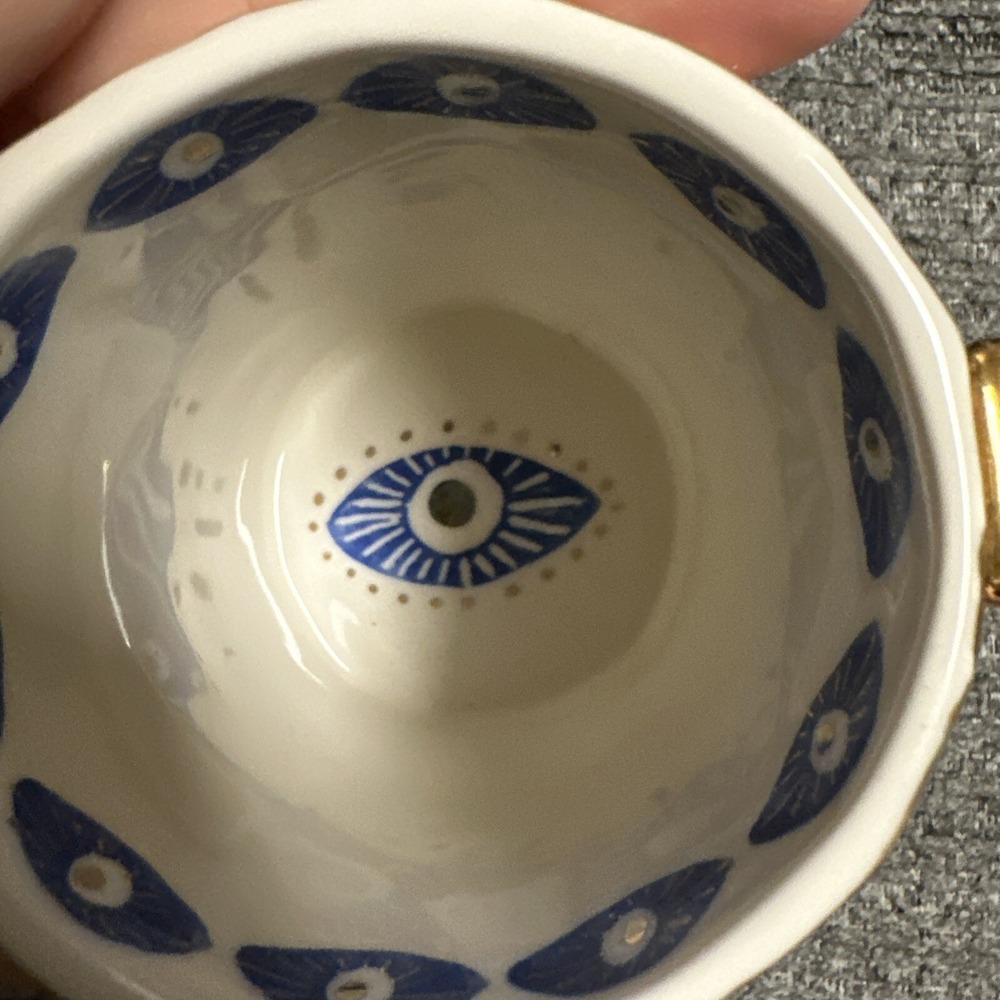 Anthropologie Evil Eye Blue Gold Coffee Mug Hand Painted Stoneware - Picture 2 of 6